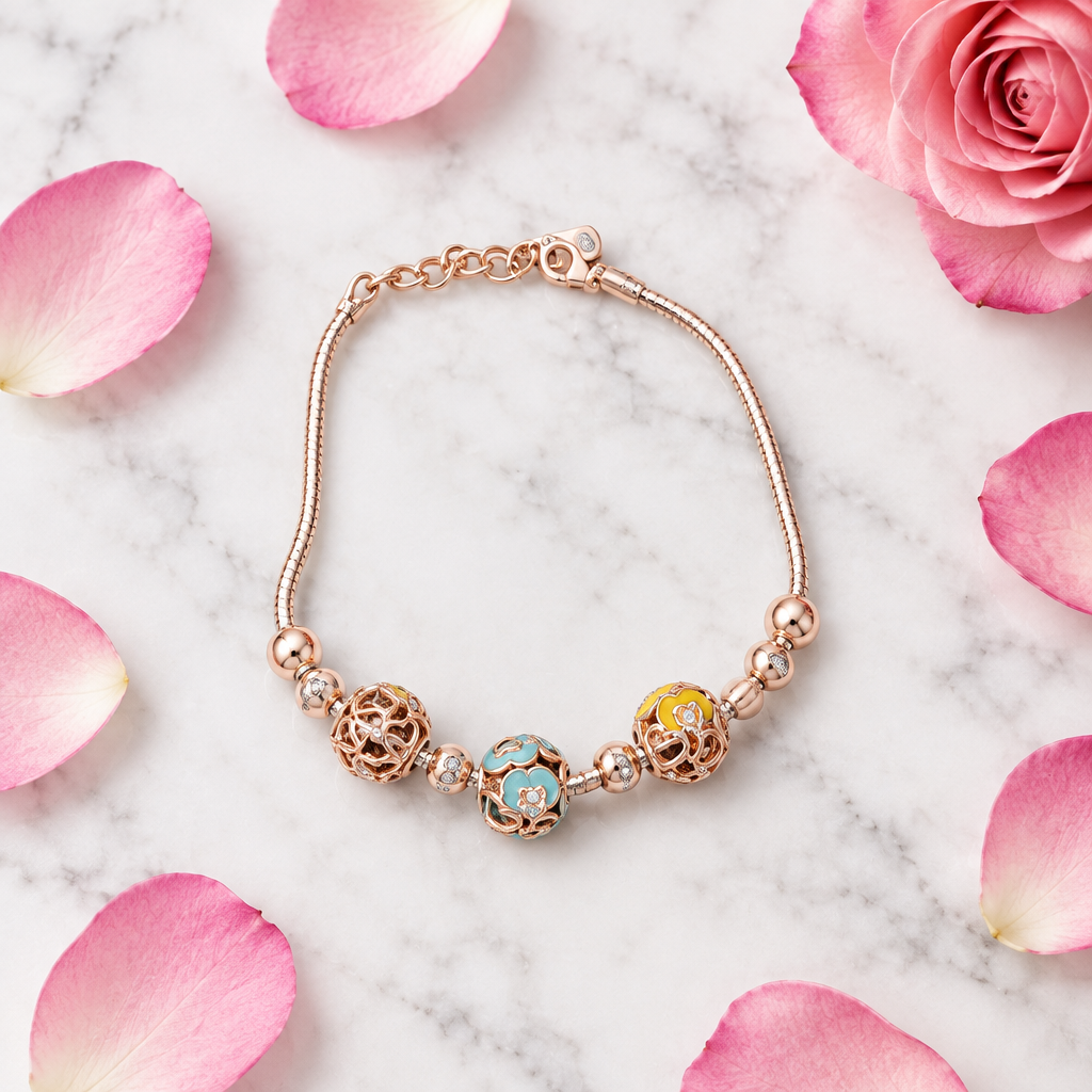 925 Silver Rose Gold Italian Pandora Girls Bracelet – Teal & Yellow Enamel