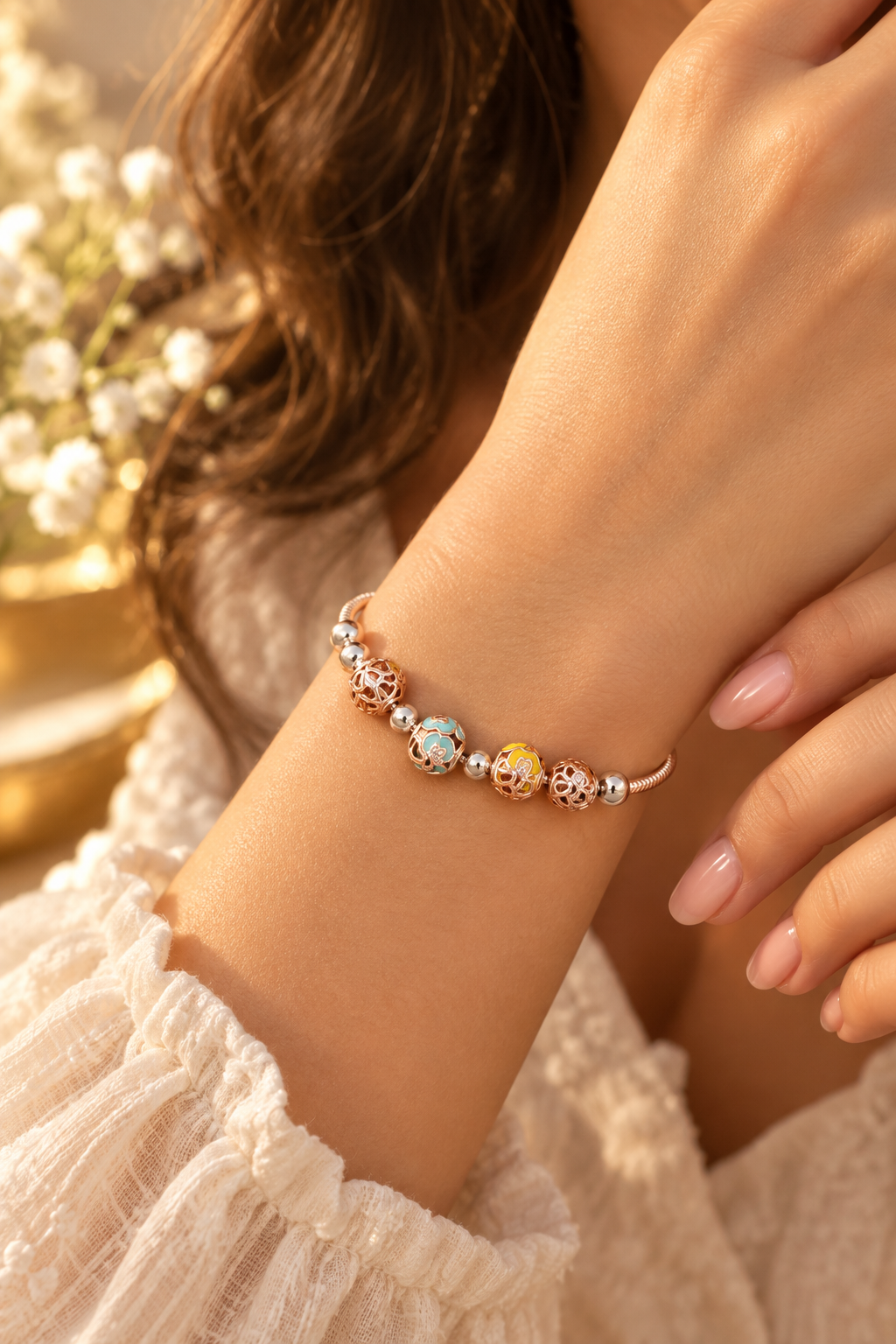 925 Silver Rose Gold Italian Pandora Girls Bracelet – Teal & Yellow Enamel