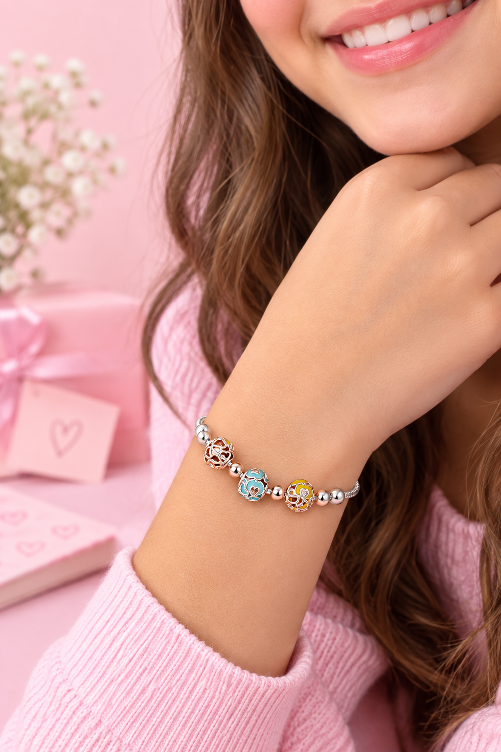 925 Silver Rose Gold Italian Pandora Girls Bracelet – Teal & Yellow Enamel