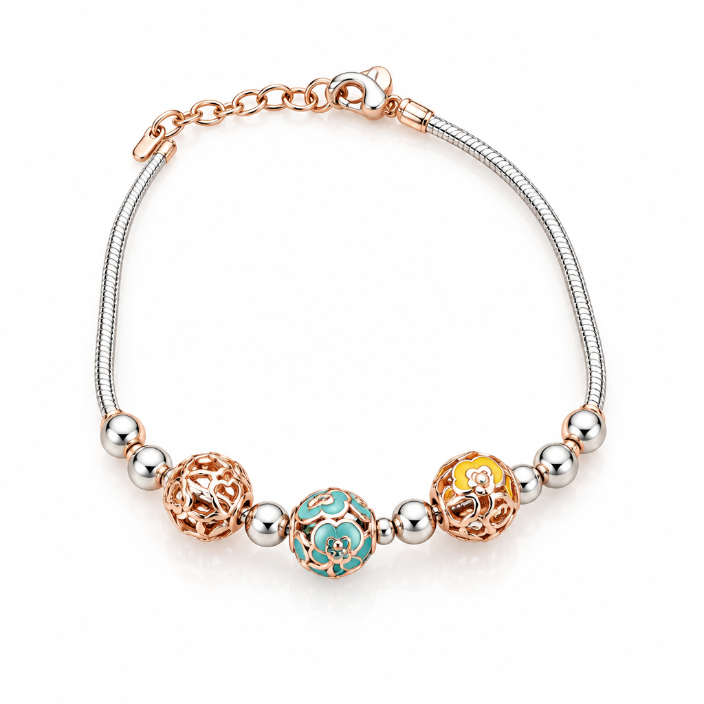 925 Silver Rose Gold Italian Pandora Girls Bracelet – Teal & Yellow Enamel