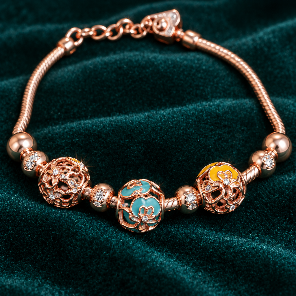 925 Silver Rose Gold Italian Pandora Girls Bracelet – Teal & Yellow Enamel