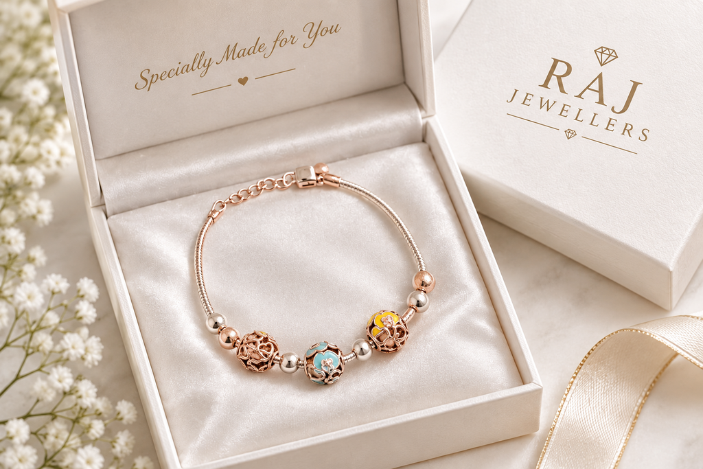 925 Silver Rose Gold Italian Pandora Girls Bracelet – Teal & Yellow Enamel