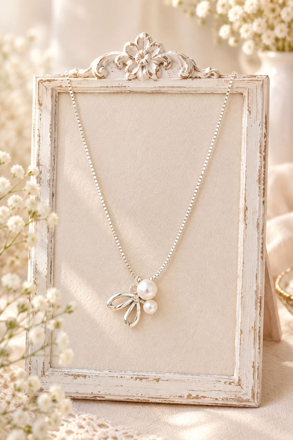 925 Silver Italian Bow Leaf Pearl Pendant Chain