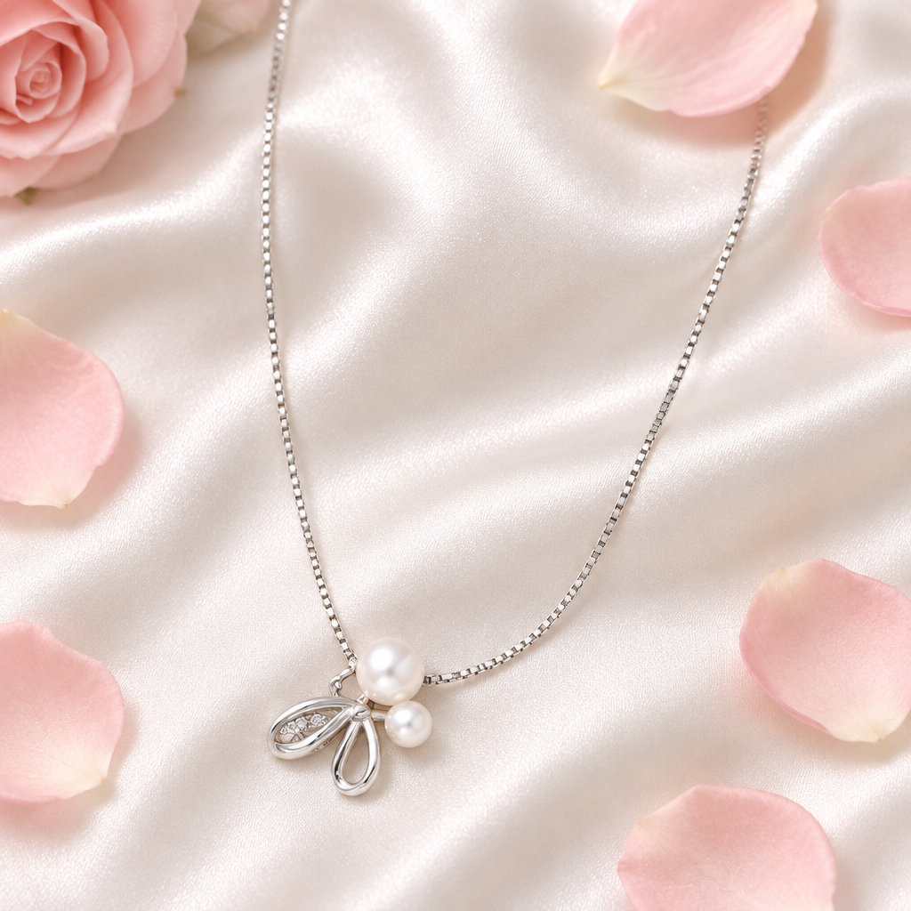 925 Silver Italian Bow Leaf Pearl Pendant Chain