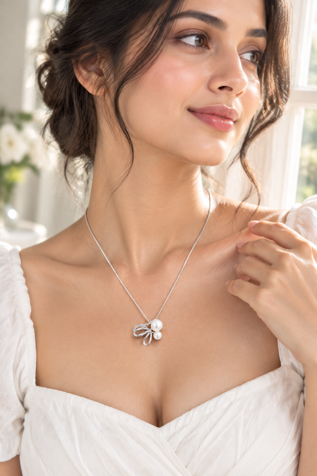925 Silver Italian Bow Leaf Pearl Pendant Chain