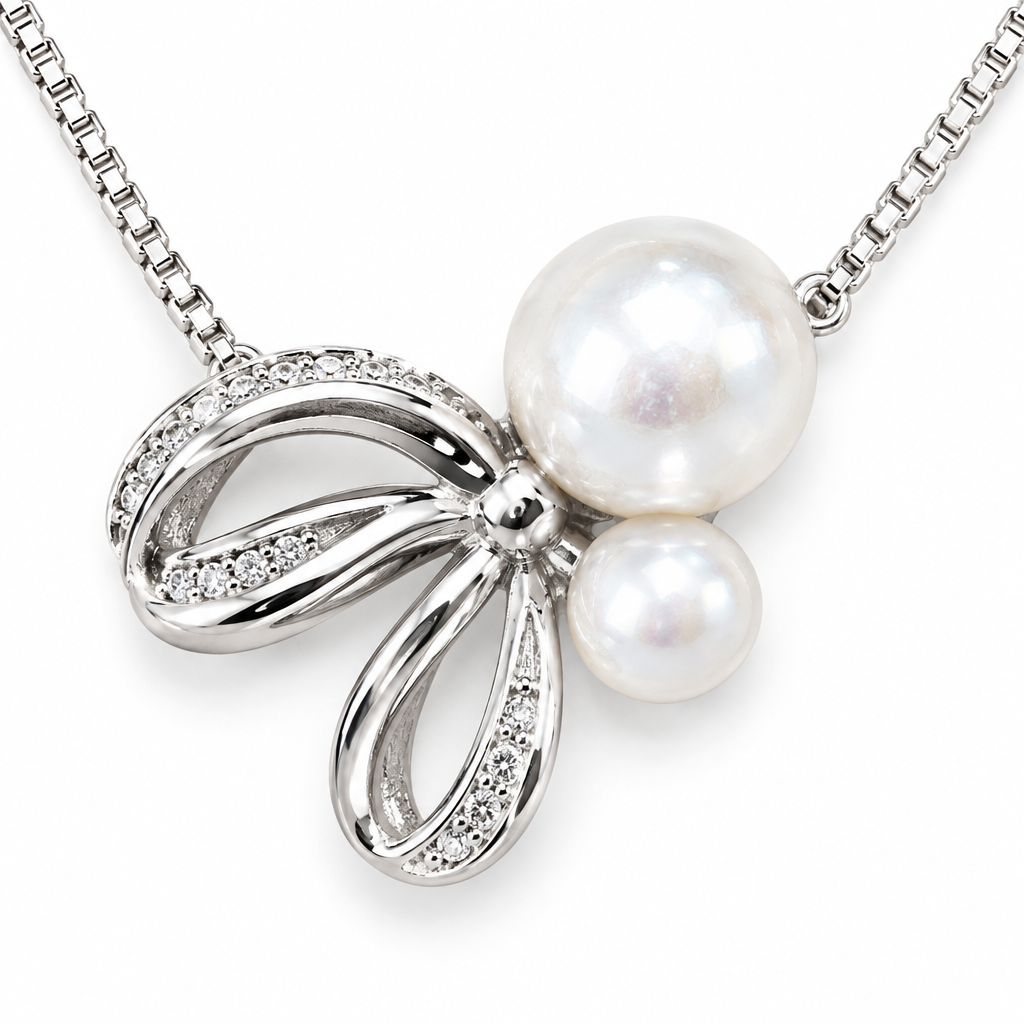 925 Silver Italian Bow Leaf Pearl Pendant Chain