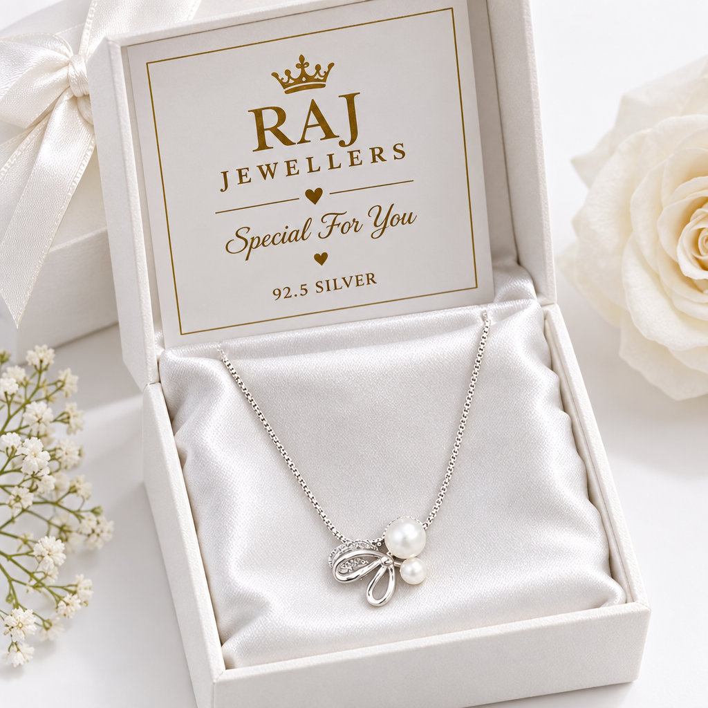 925 Silver Italian Bow Leaf Pearl Pendant Chain