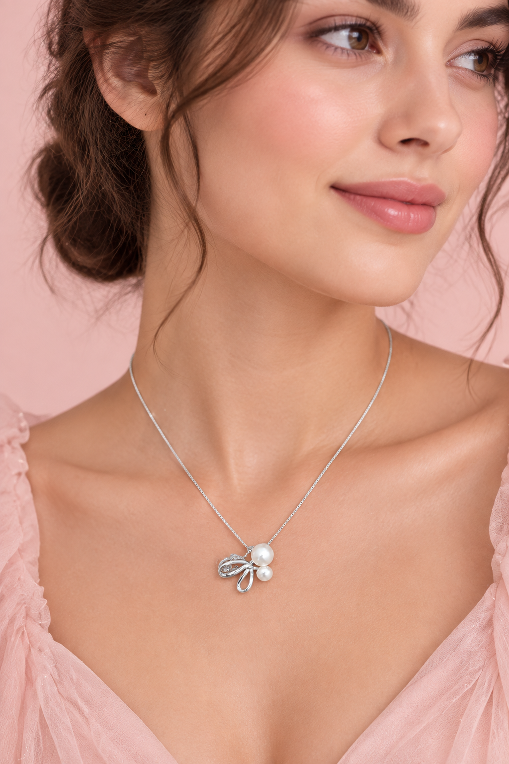 925 Silver Italian Bow Leaf Pearl Pendant Chain