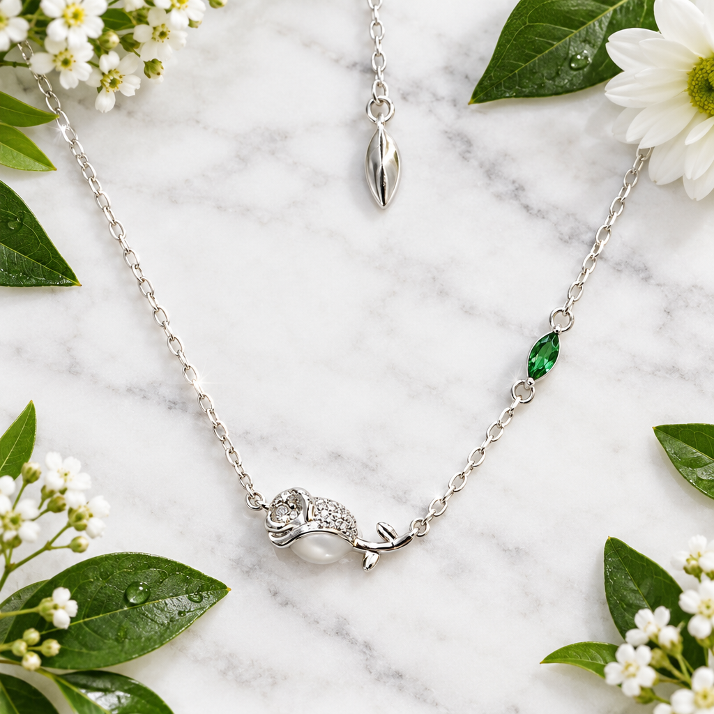 925 Silver Italian Dolphin Pendant Chain CZ Stone