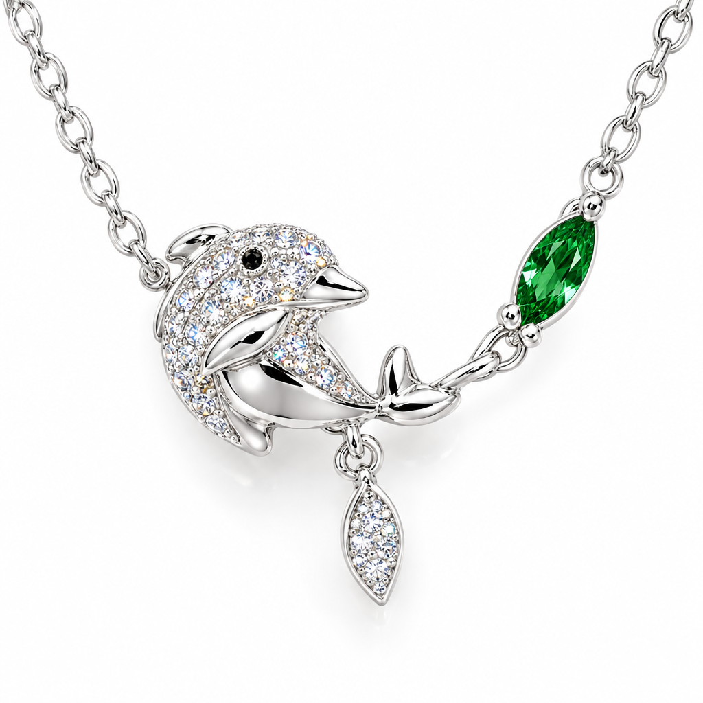 925 Silver Italian Dolphin Pendant Chain CZ Stone