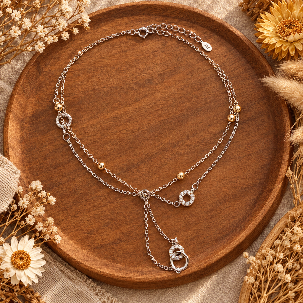925 Silver Italian Double Layer CZ Circle Chain Necklace | Gold Beads