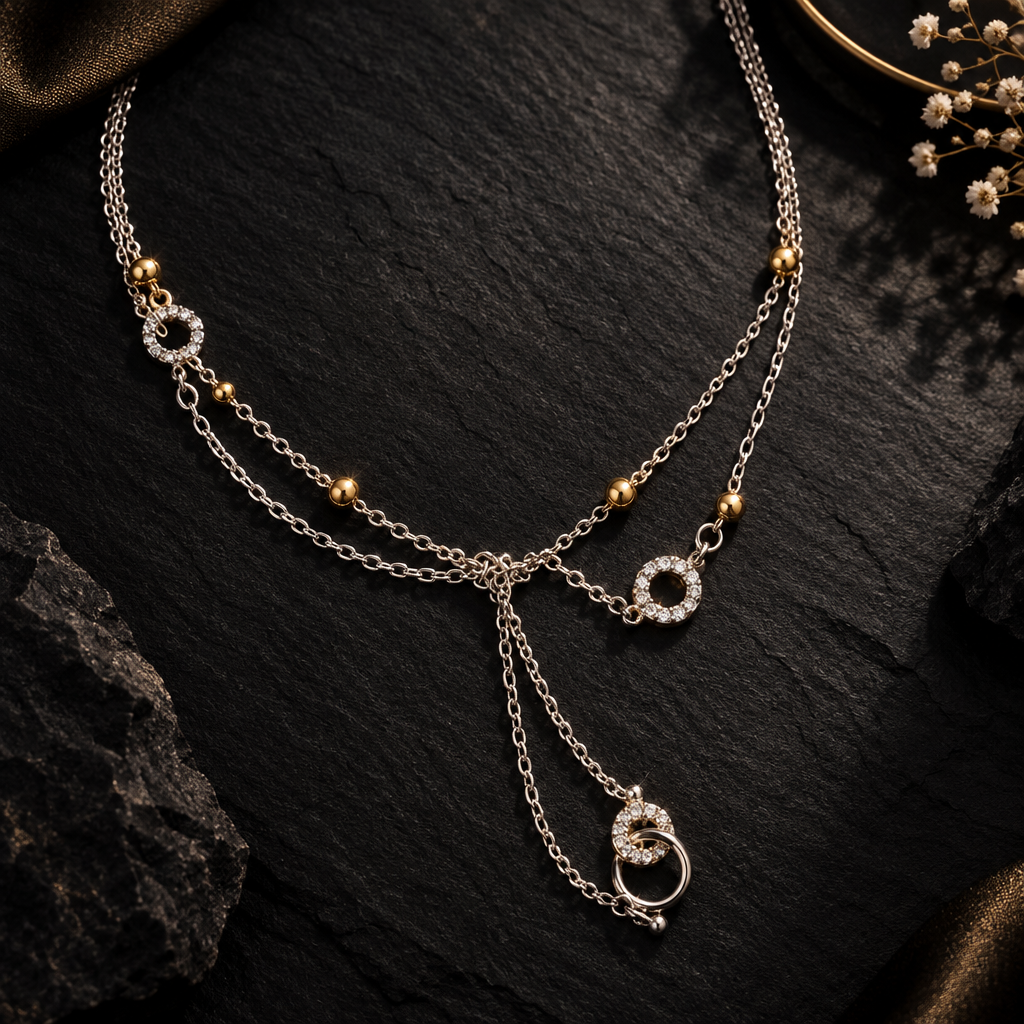 925 Silver Italian Double Layer CZ Circle Chain Necklace | Gold Beads