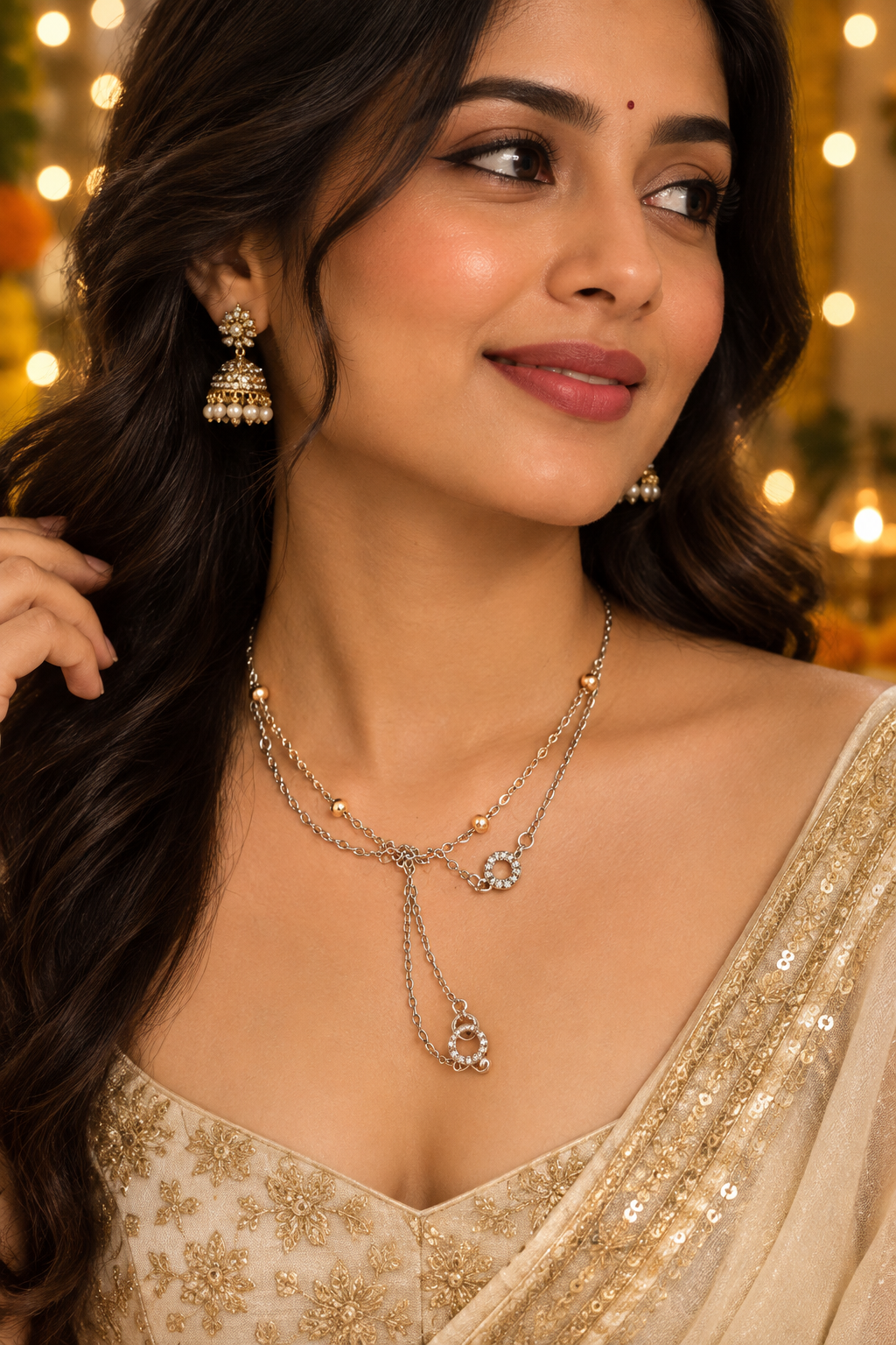 925 Silver Italian Double Layer CZ Circle Chain Necklace | Gold Beads