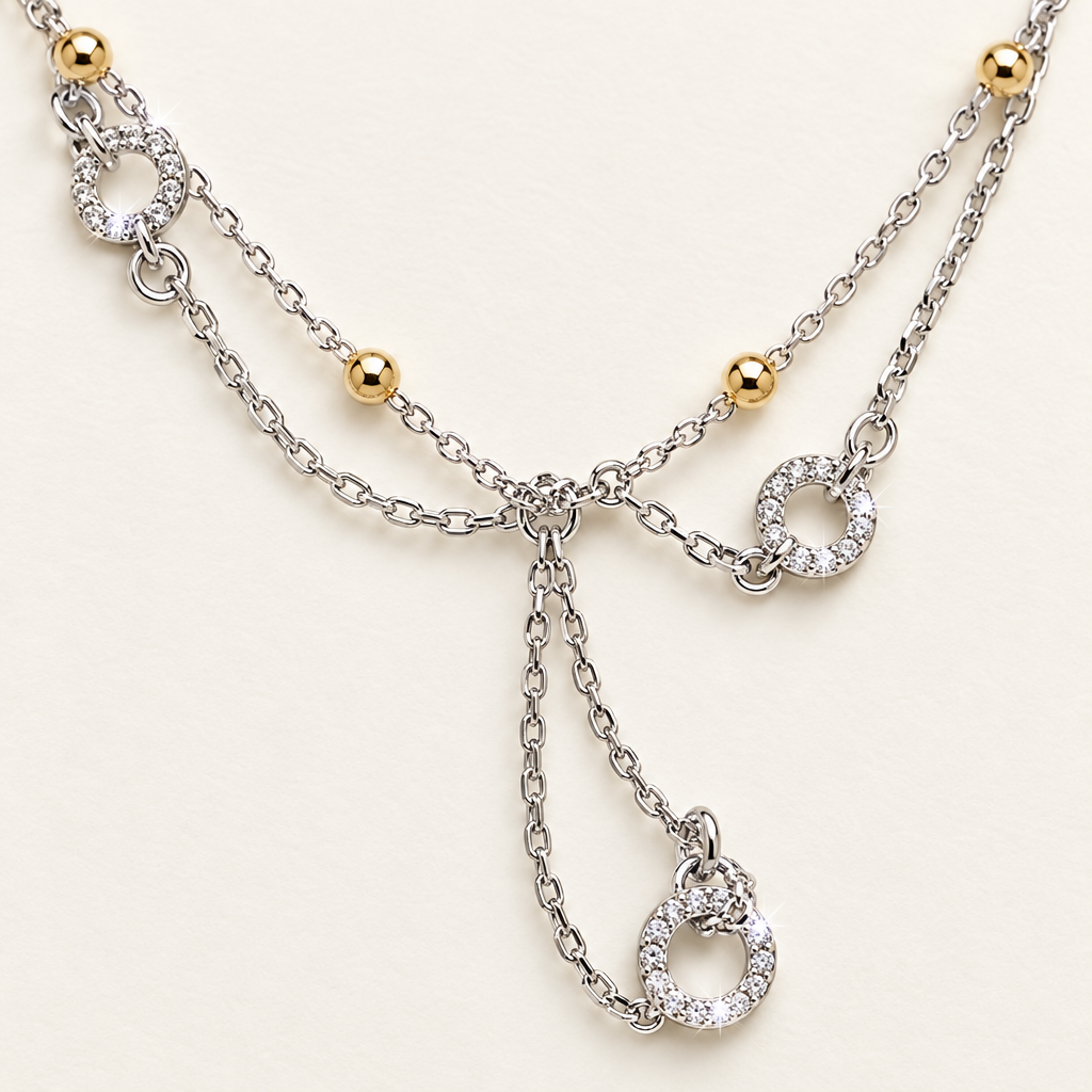 925 Silver Italian Double Layer CZ Circle Chain Necklace | Gold Beads