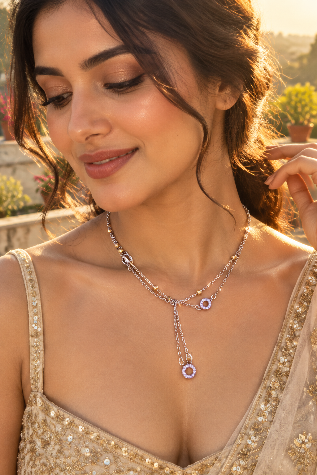 925 Silver Italian Double Layer CZ Circle Chain Necklace | Gold Beads