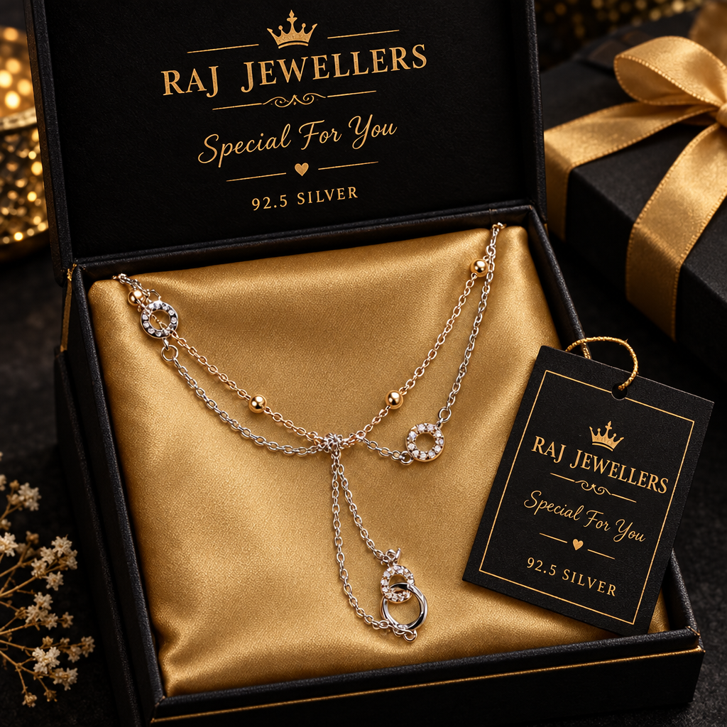 925 Silver Italian Double Layer CZ Circle Chain Necklace | Gold Beads