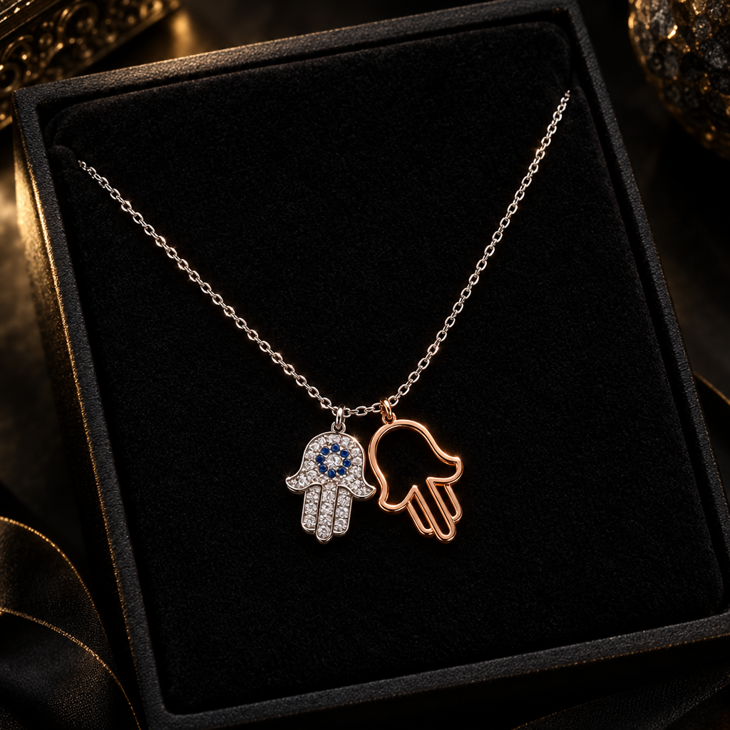 925 Silver Italian Double Hamsa Hand Pendant Chain