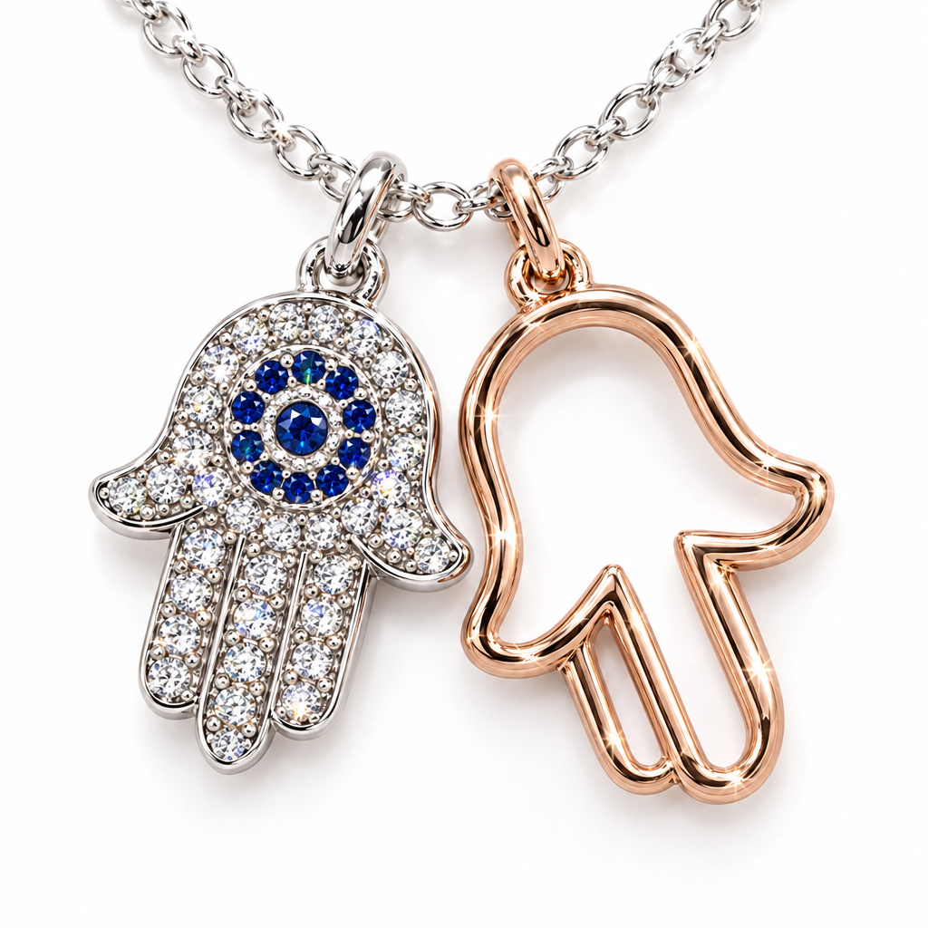 925 Silver Italian Double Hamsa Hand Pendant Chain
