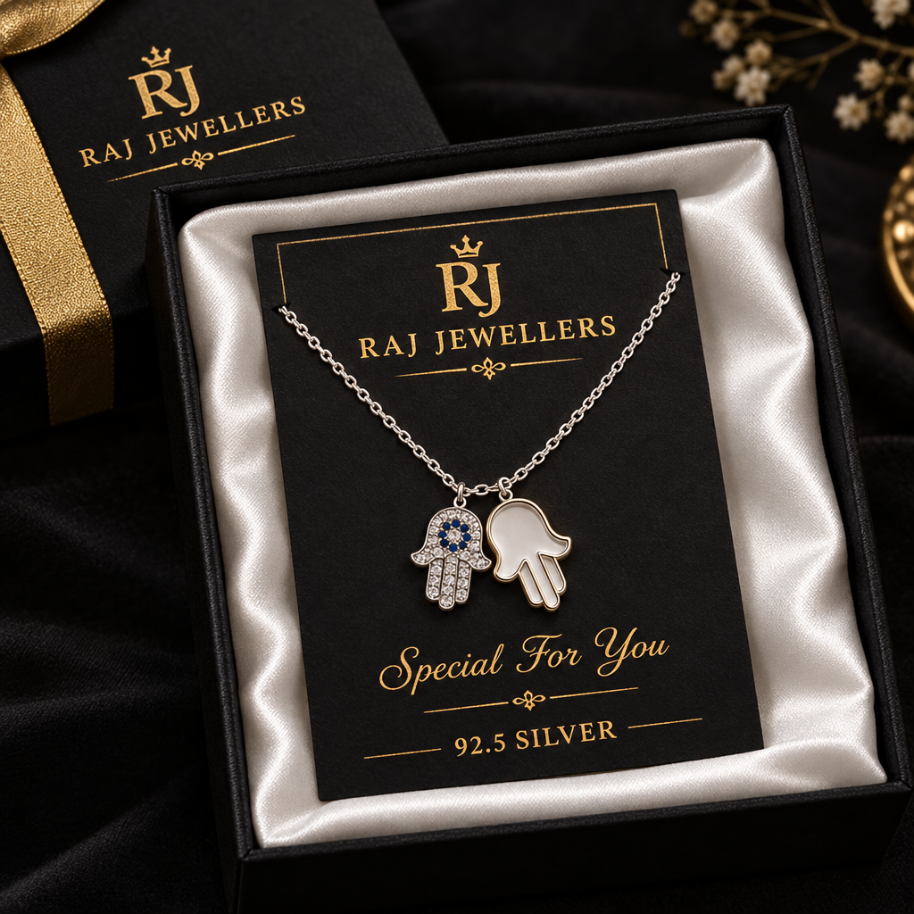 925 Silver Italian Double Hamsa Hand Pendant Chain