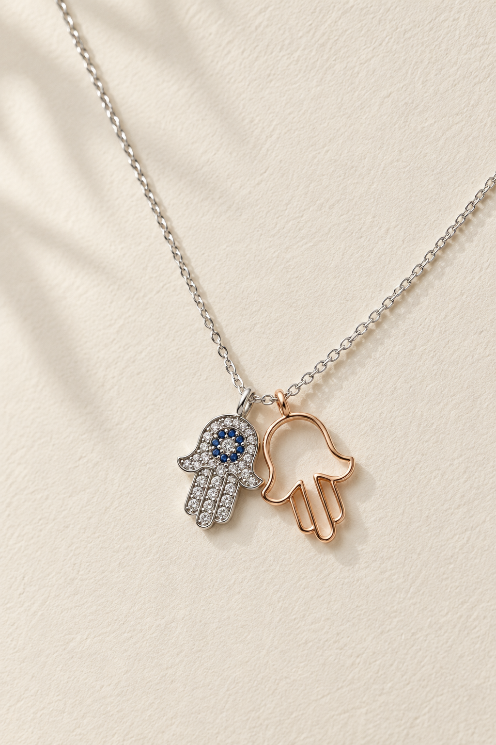 925 Silver Italian Double Hamsa Hand Pendant Chain