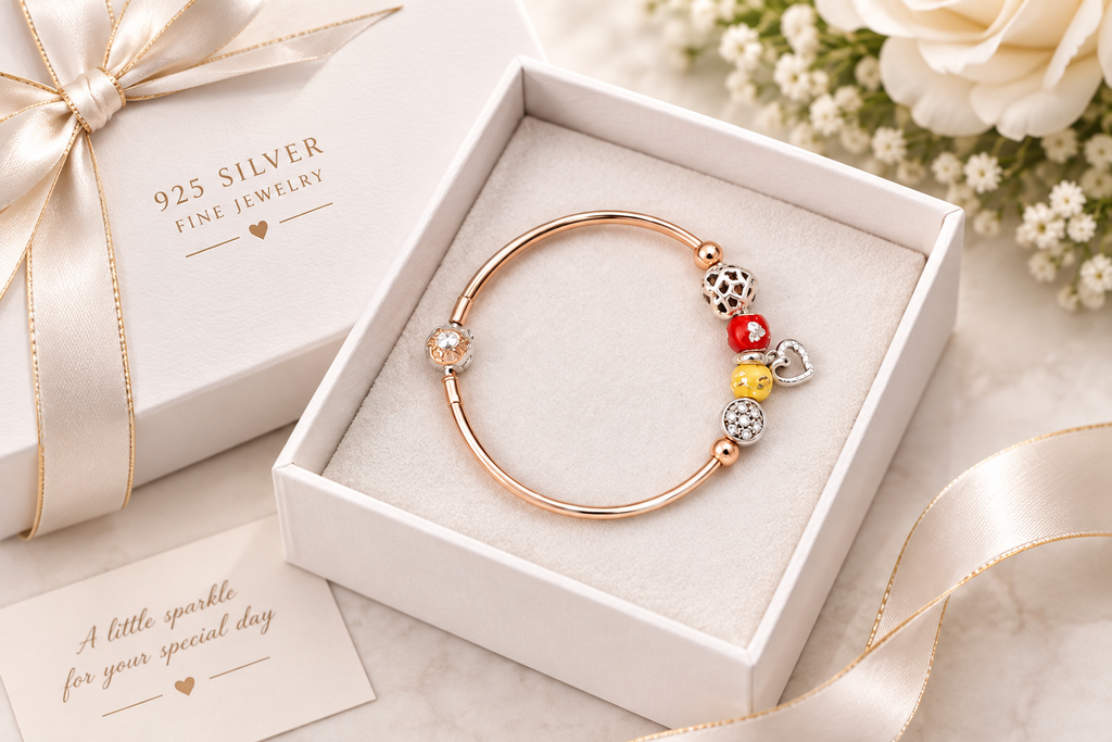 925 silver rose gold charm bangle in gift box