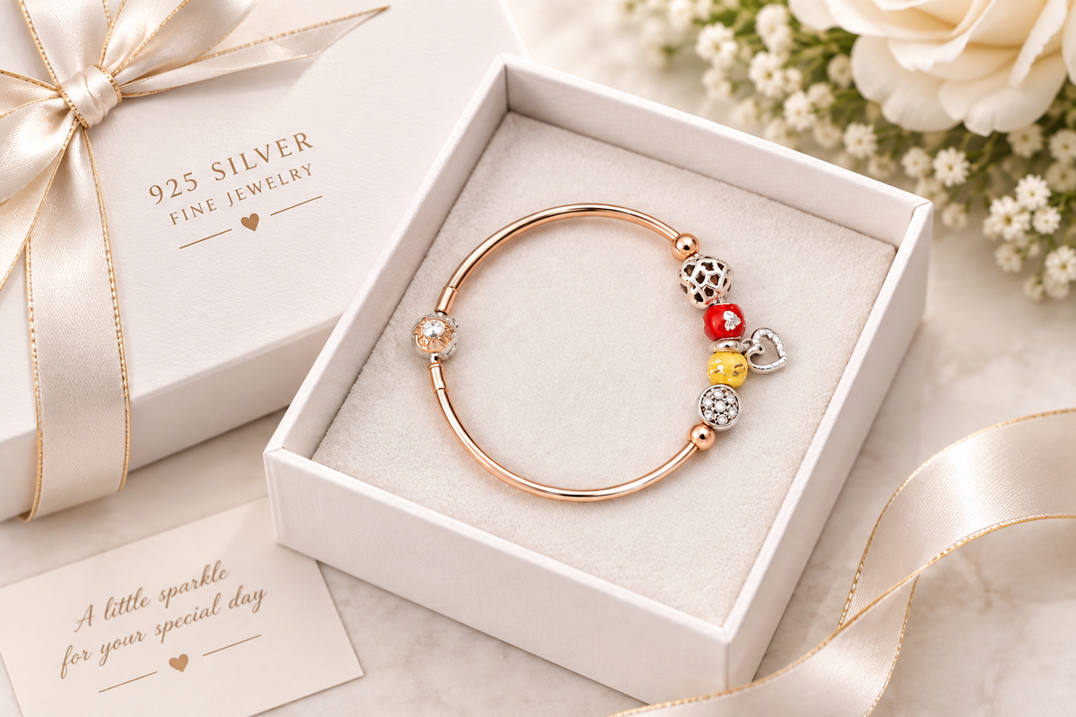 925 silver rose gold charm bangle in gift box