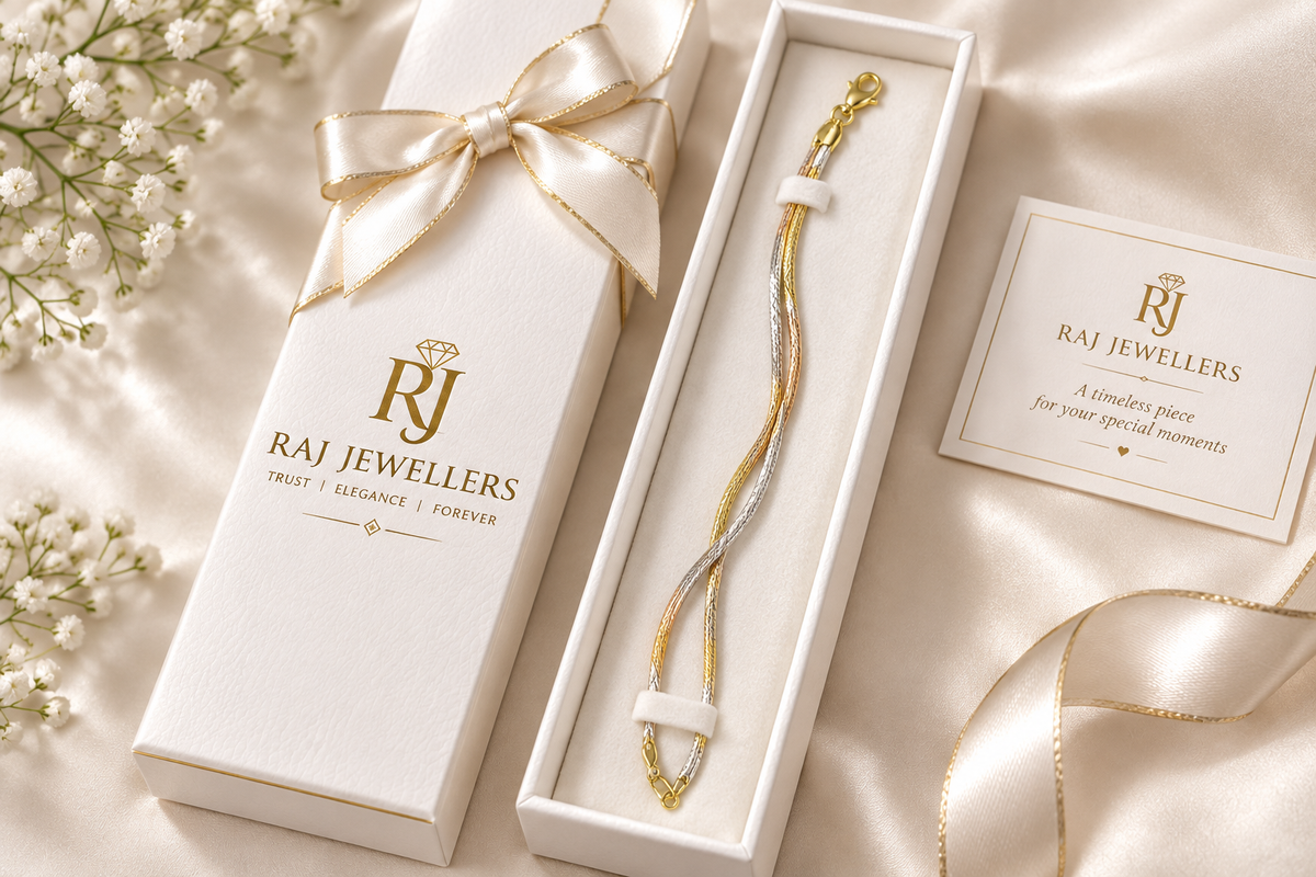 925 silver tri-tone snake anklet in Raj Jewellers gift box