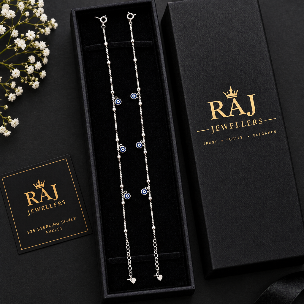 925 silver evil eye anklet with Raj Jewellers packaging