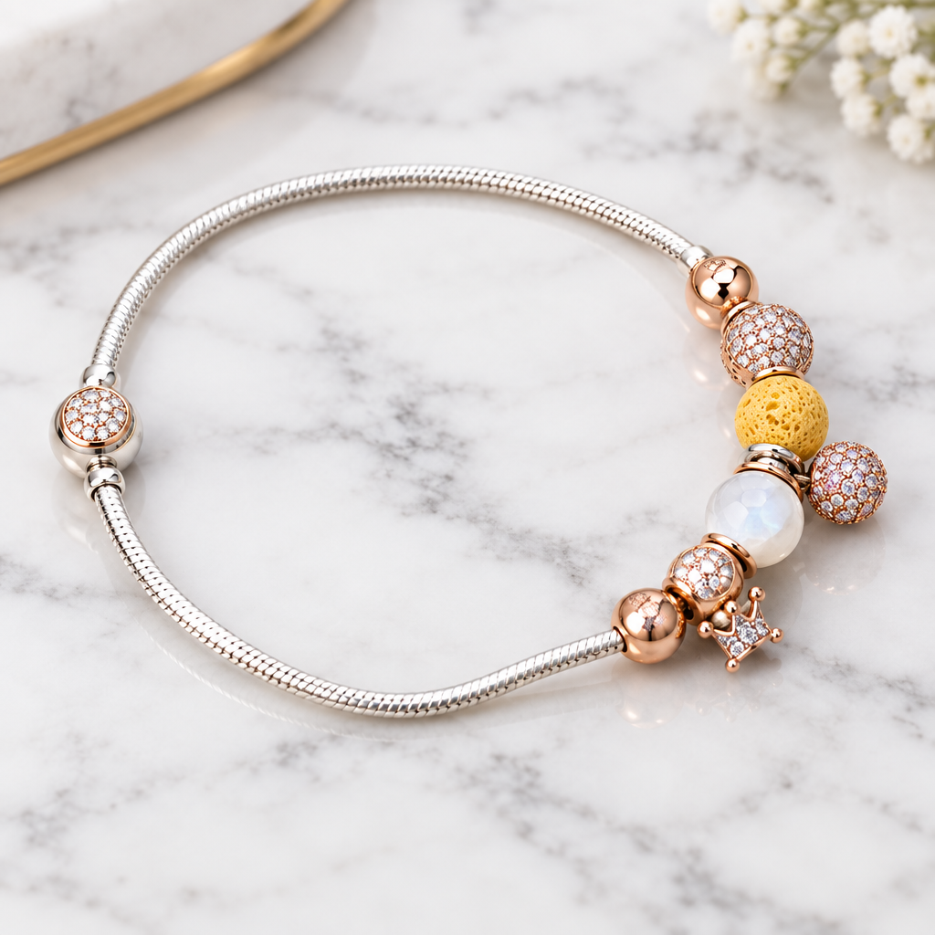 925 silver rose gold glitter bracelet close-up on marble