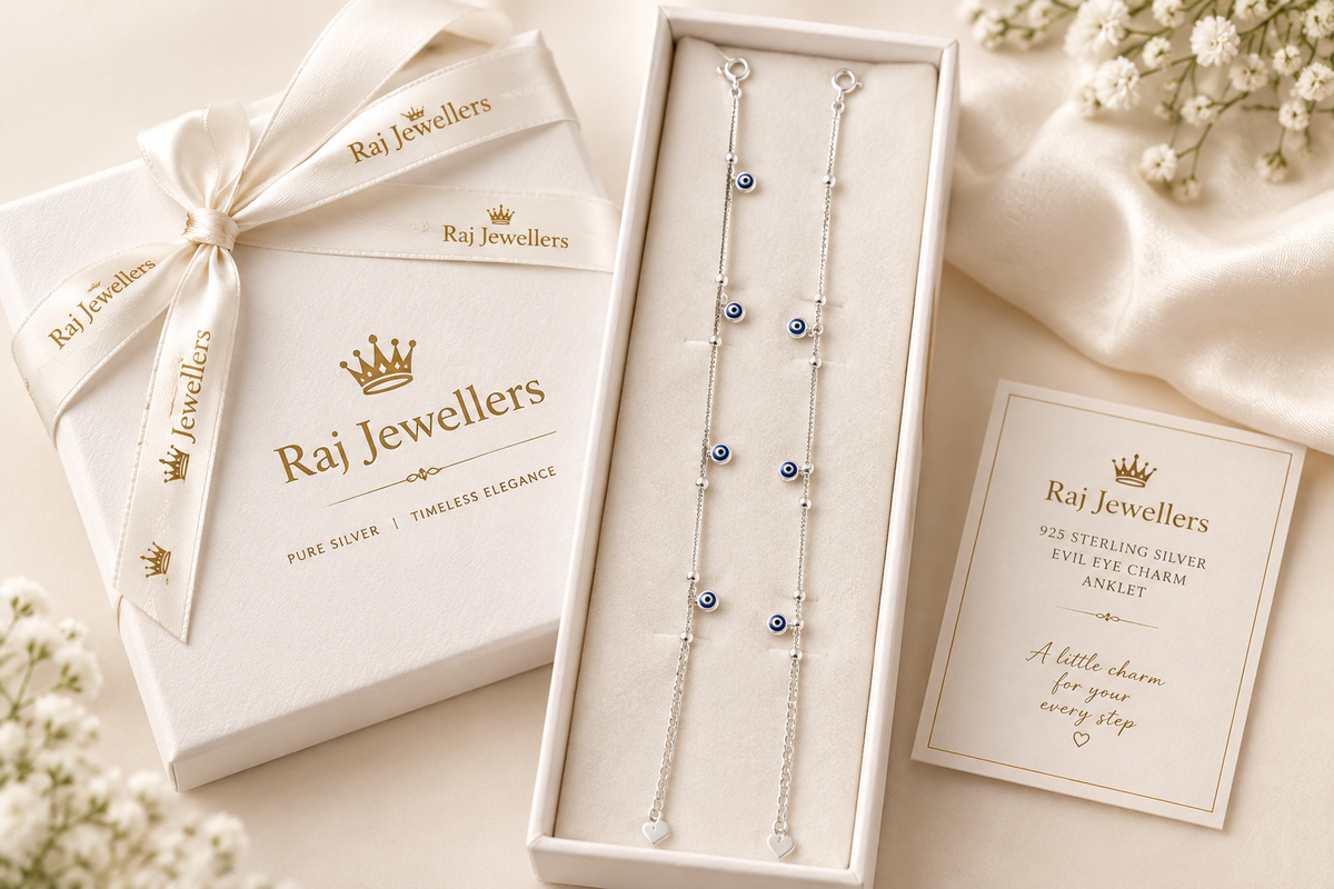 925 silver evil eye anklet in Raj Jewellers gift box