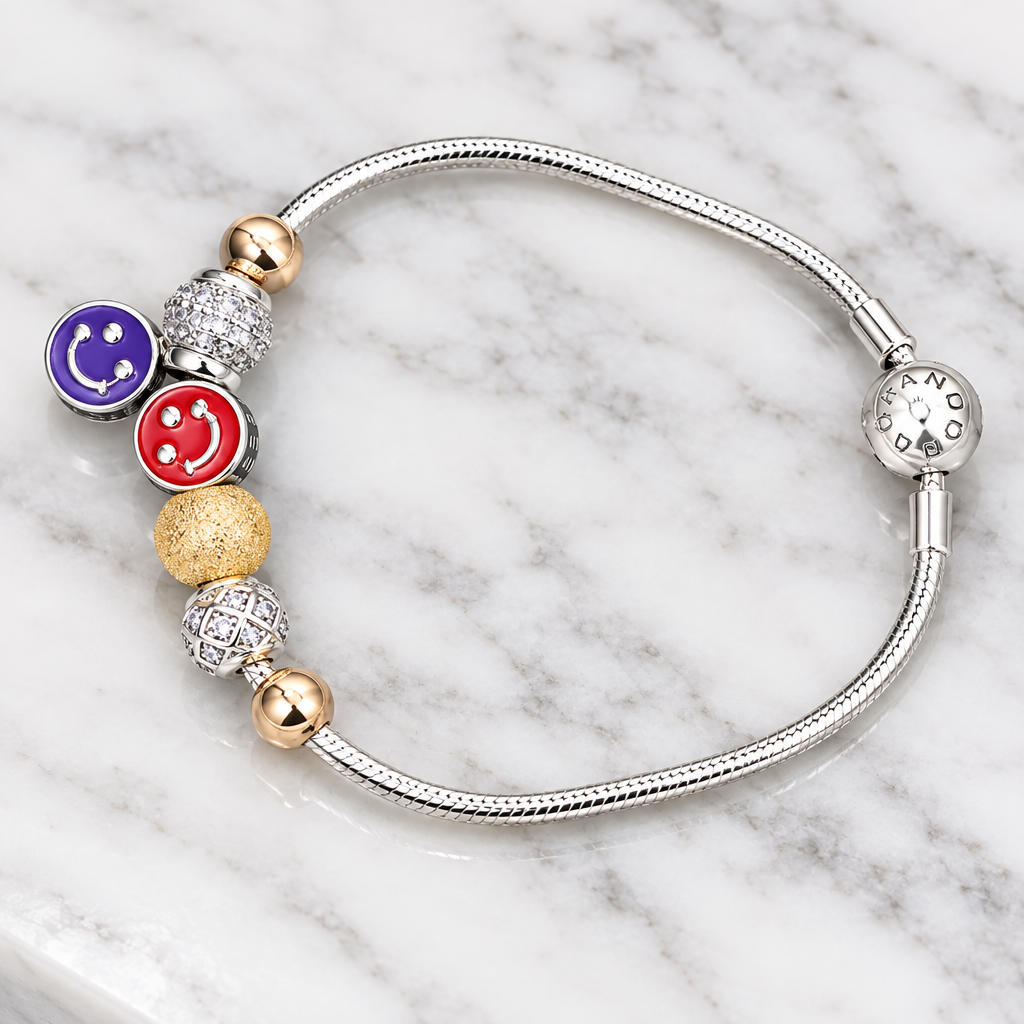 925 silver smiley charm bracelet close-up on marble