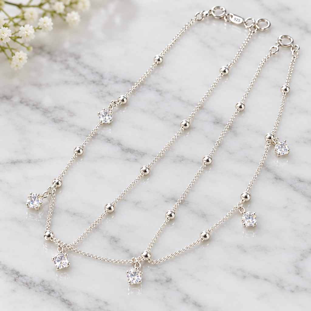 925 silver crystal stone charm anklet close-up on marble