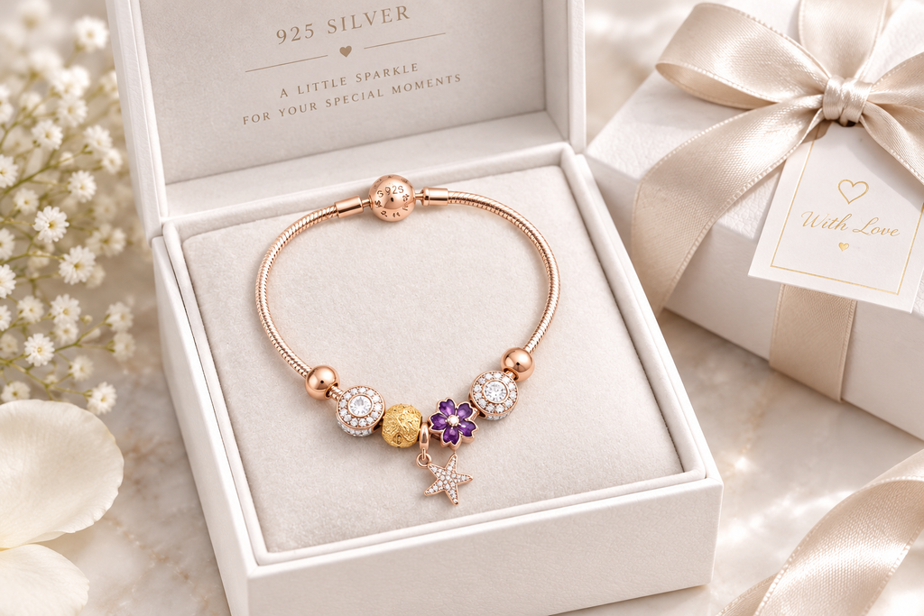 925 silver rose gold charm bracelet in gift box