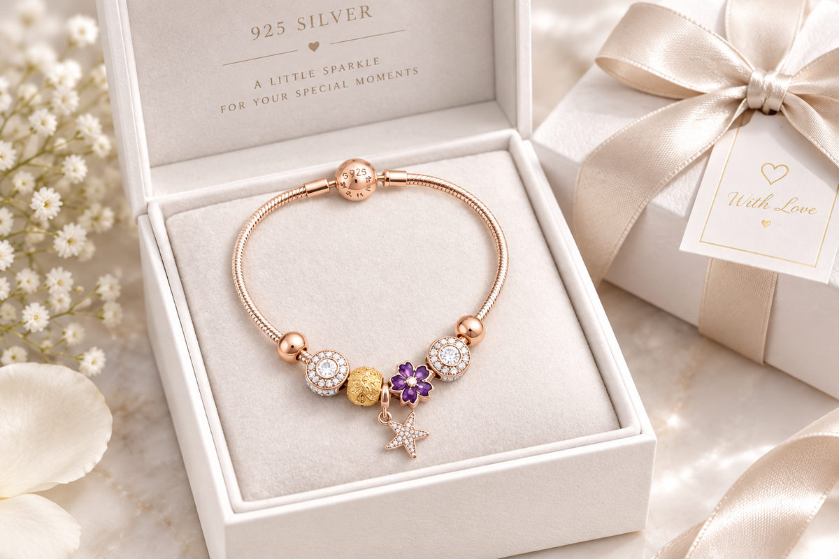 925 silver rose gold charm bracelet in gift box