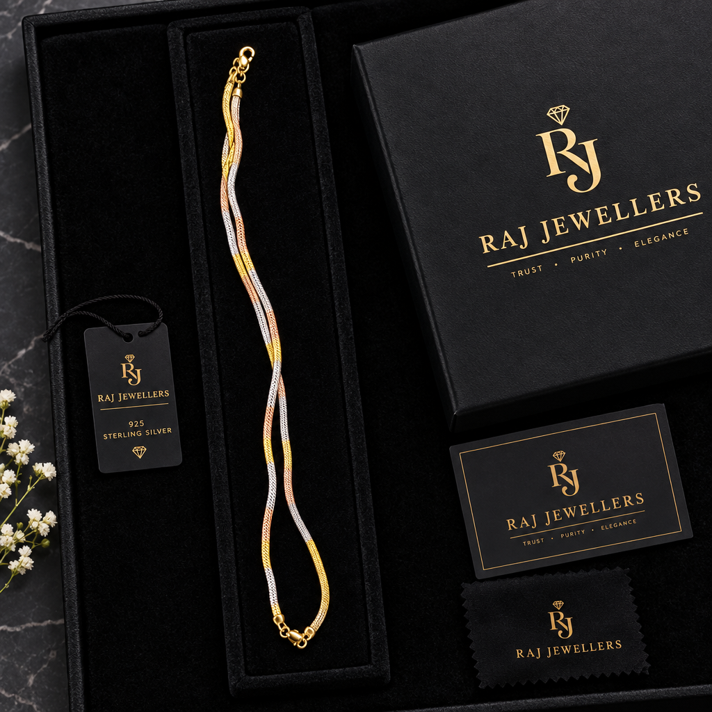 925 silver tri-tone snake anklet with Raj Jewellers packaging