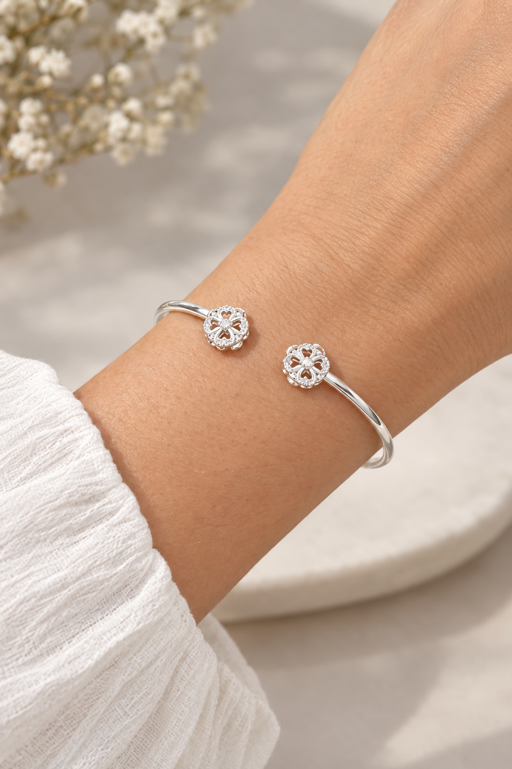 925 Italian silver clover charm kada worn on wrist