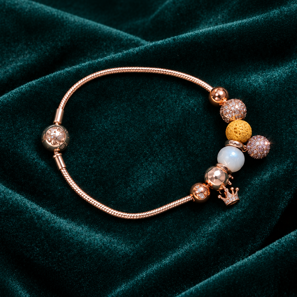 925 silver rose gold glitter bracelet flat lay on teal velvet