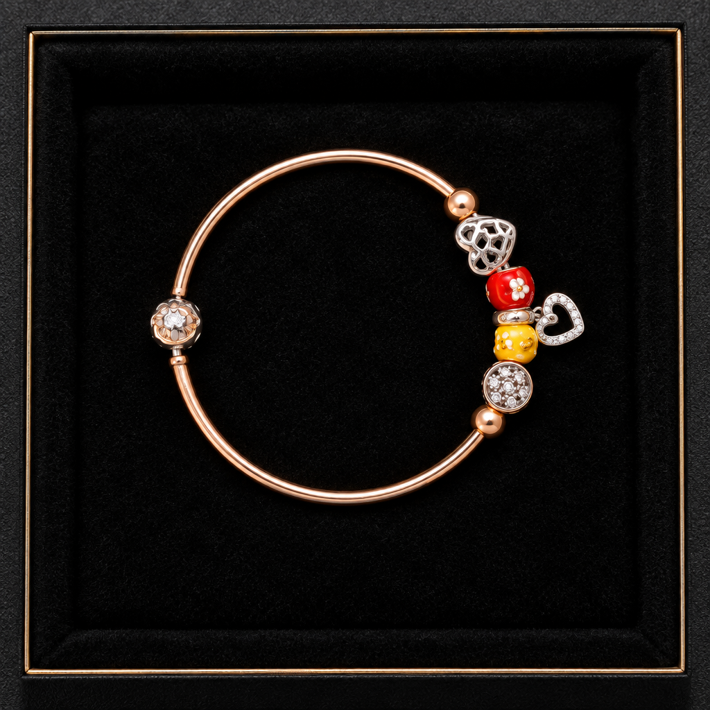 925 silver rose gold charm bangle on black velvet tray