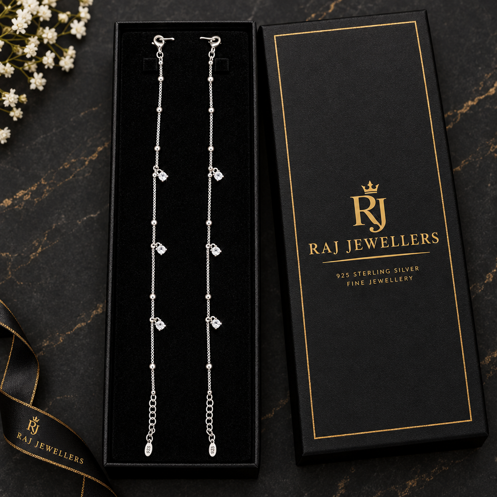 925 silver crystal stone charm anklet with Raj Jewellers packaging