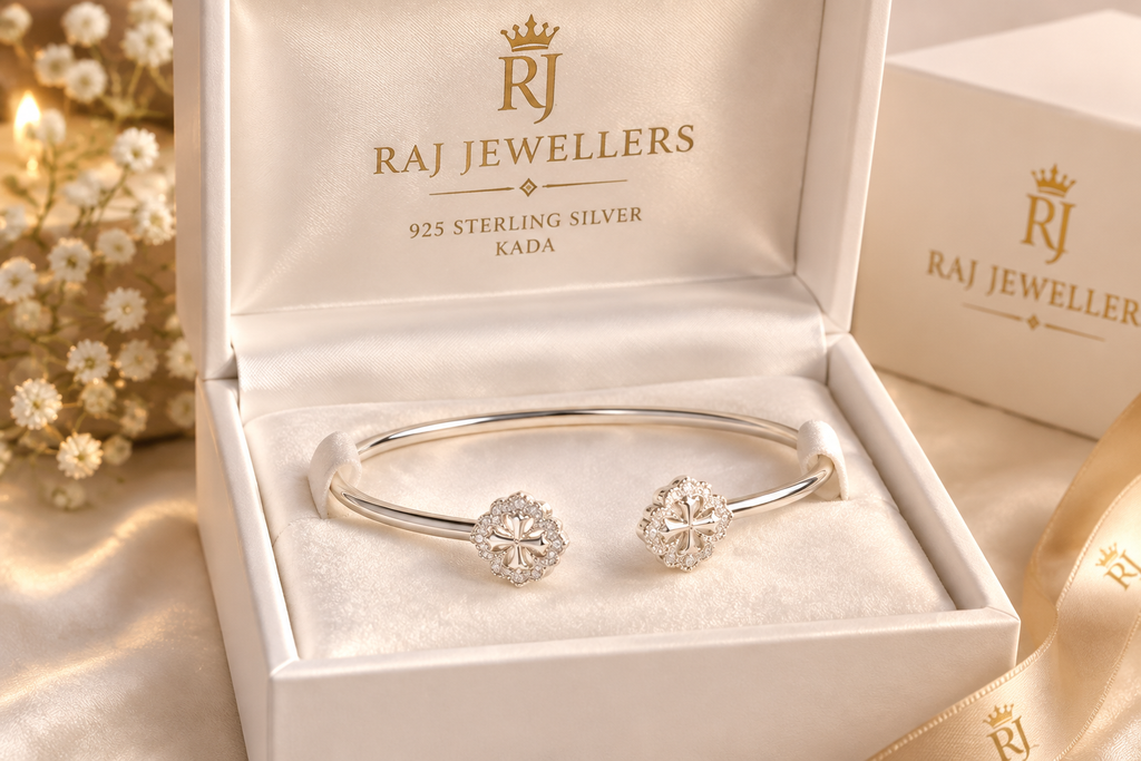 925 Italian silver clover charm kada in Raj Jewellers gift box