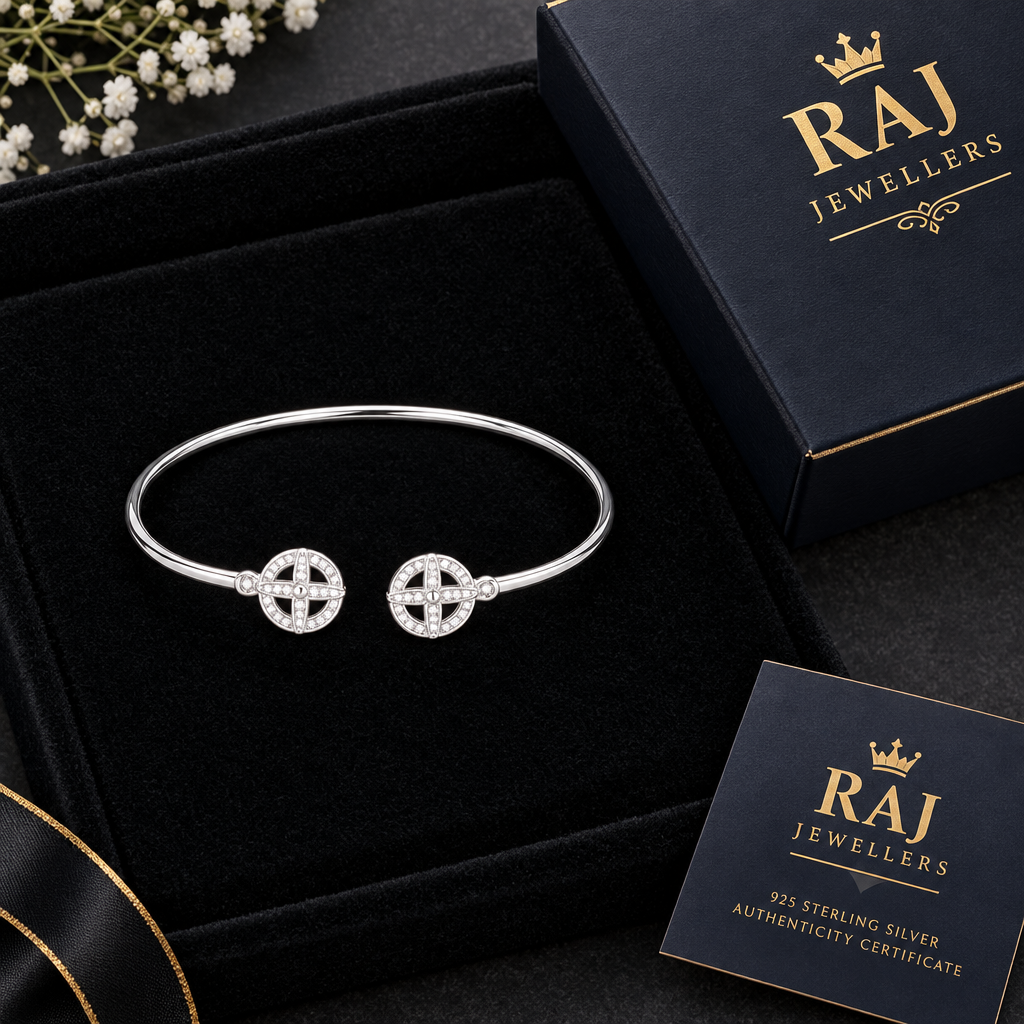 925 Italian silver cross wheel charm kada with Raj Jewellers packaging