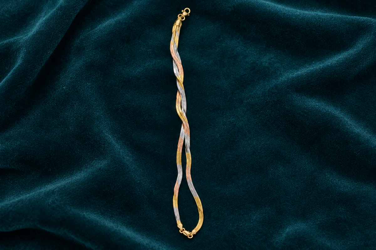 925 silver tri-tone snake anklet flat lay on teal velvet