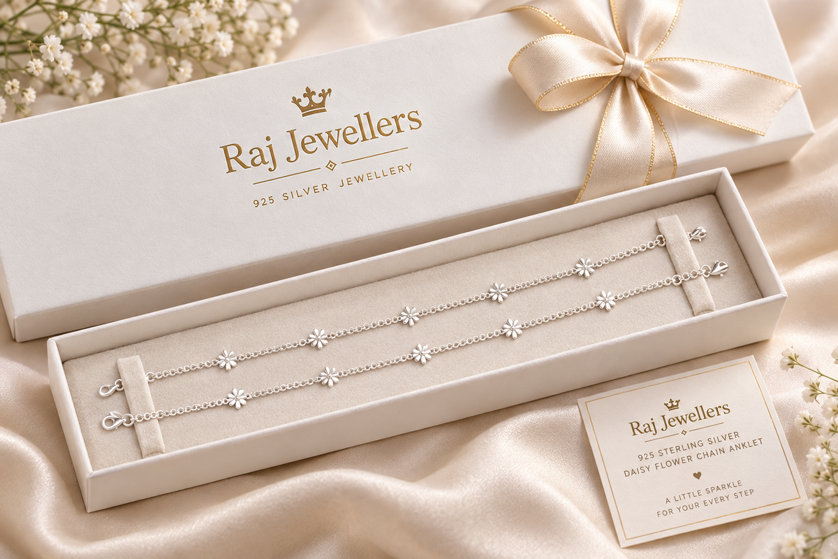 925 silver daisy anklet in Raj Jewellers gift box