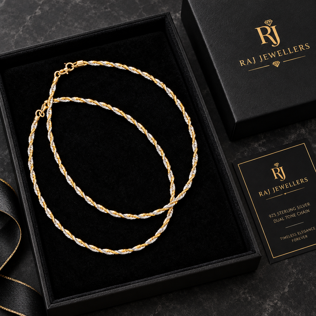 925 silver dual tone rope chain with Raj Jewellers packaging