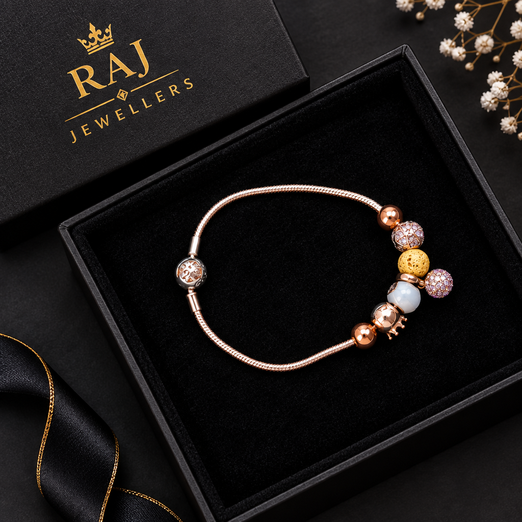 925 silver rose gold glitter bracelet with Raj Jewellers packaging