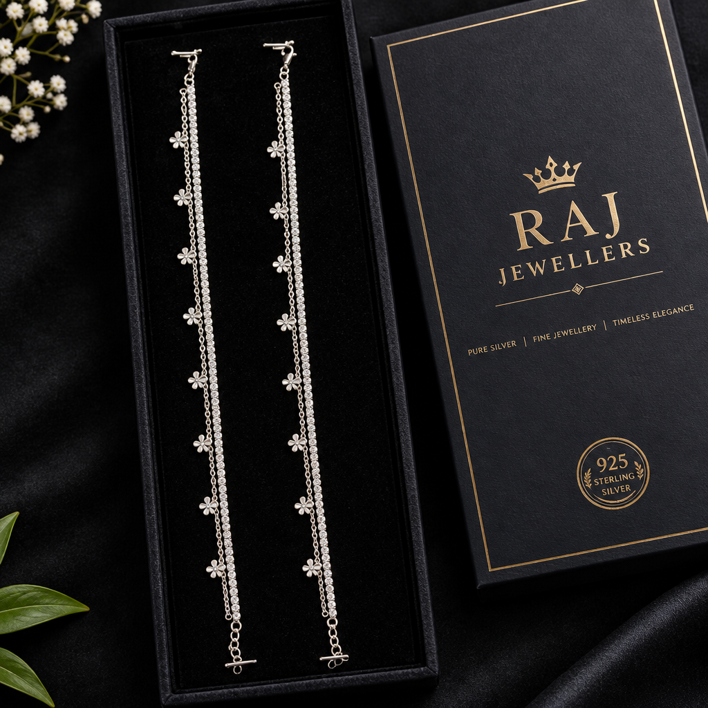 925 silver daisy anklet with Raj Jewellers packaging