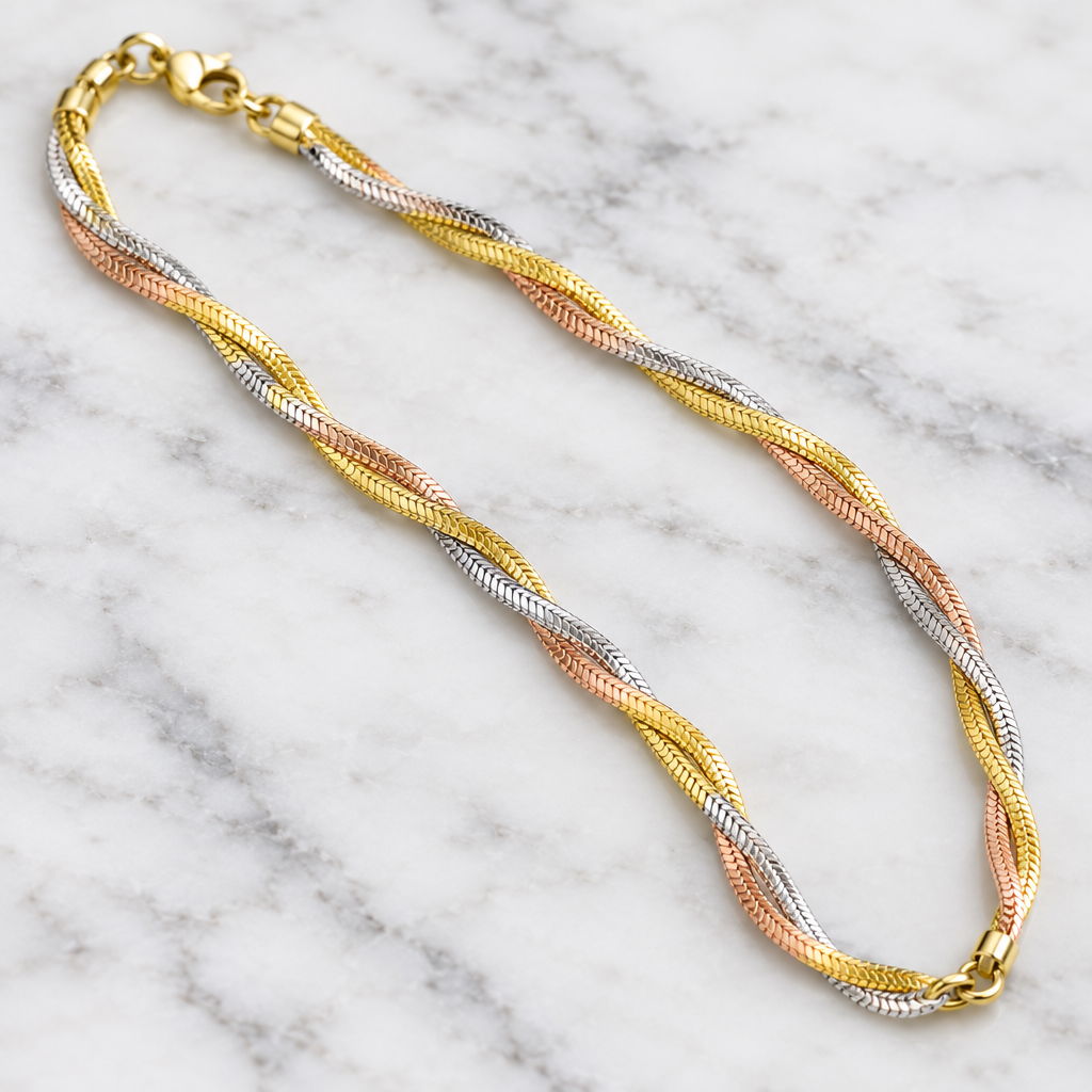 925 silver tri-tone snake anklet close-up on marble