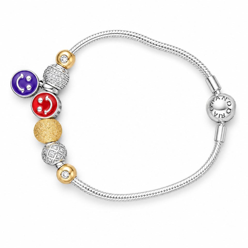 925 silver smiley charm bracelet on white background