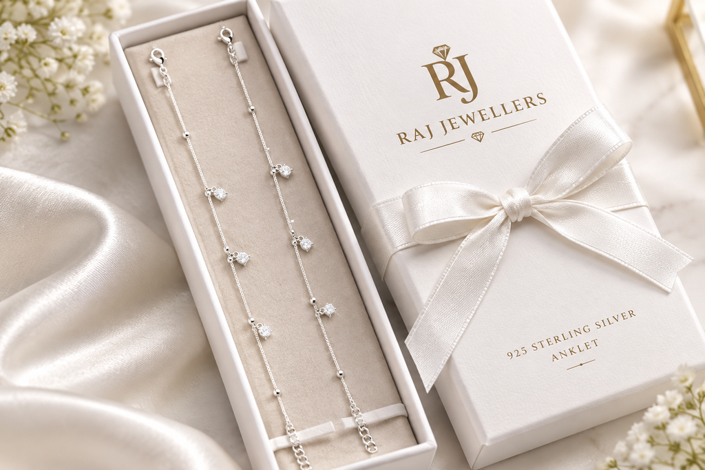 925 silver crystal stone charm anklet in Raj Jewellers gift box