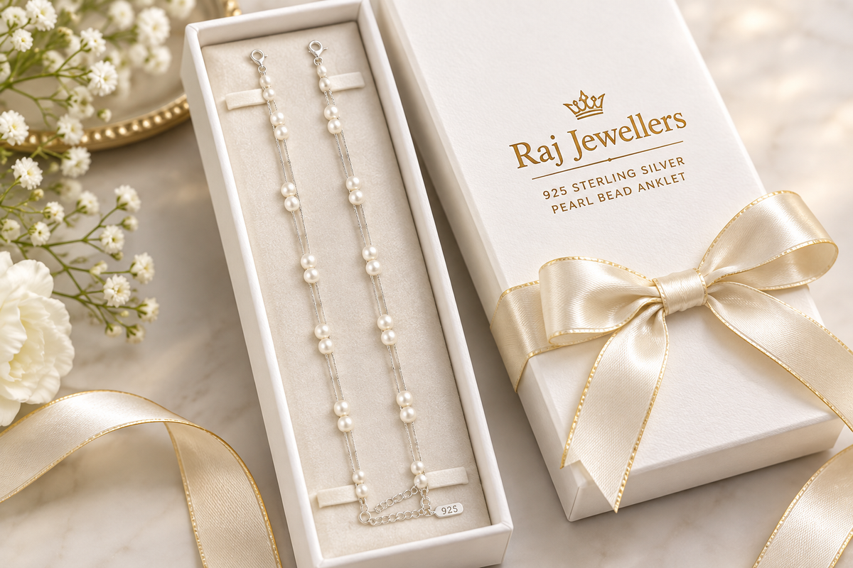 925 silver pearl anklet in Raj Jewellers gift box